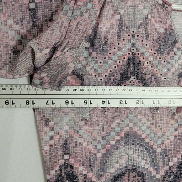 BLEU Top Womens S Pink Gray Long Bell Sleeve Boho Peasant Blouse Rhinestones - Picture 6 of 12